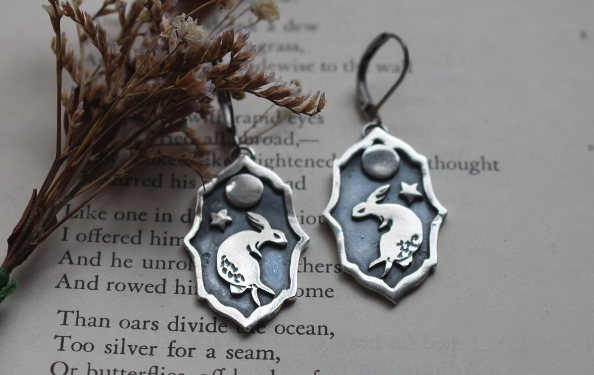 Lunar rabbit, dancing in the moonlit night earrings in silver