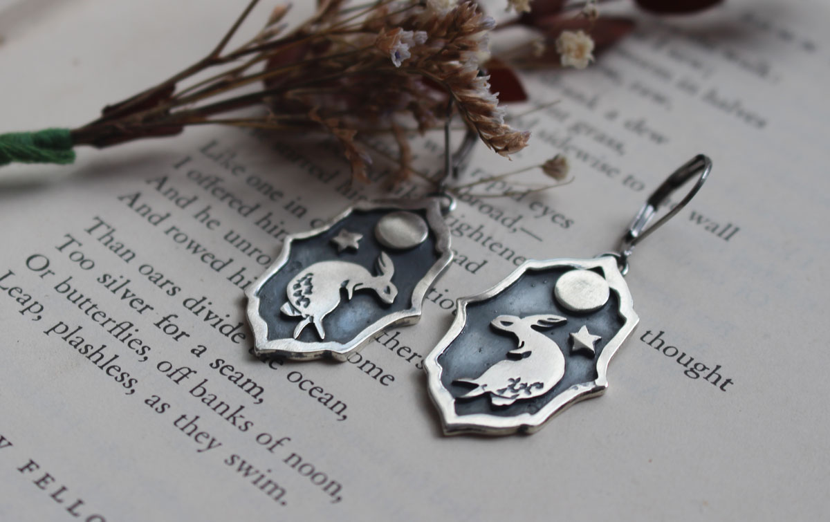 Lunar rabbit, dancing in the moonlit night earrings in silver
