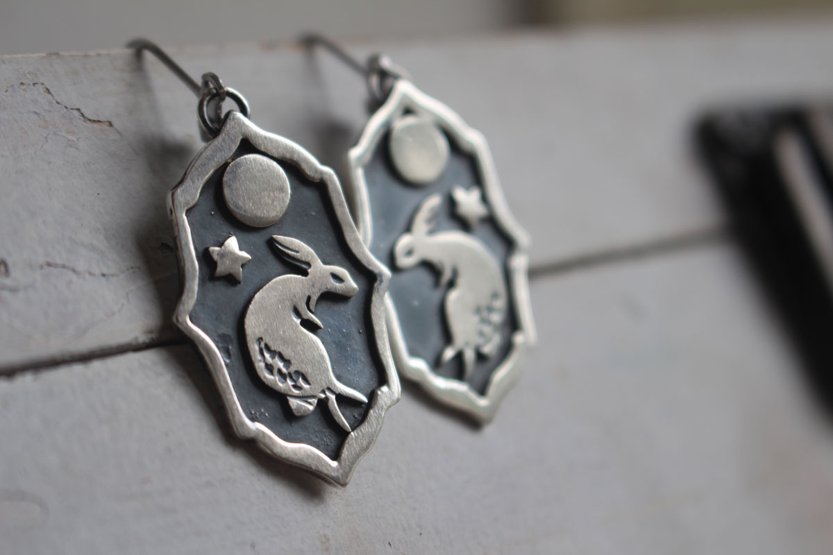 Lunar rabbit, dancing in the moonlit night earrings in silver