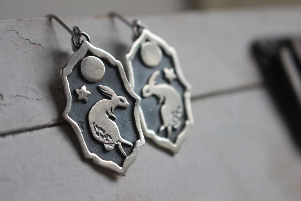 Lunar rabbit, dancing in the moonlit night earrings in silver