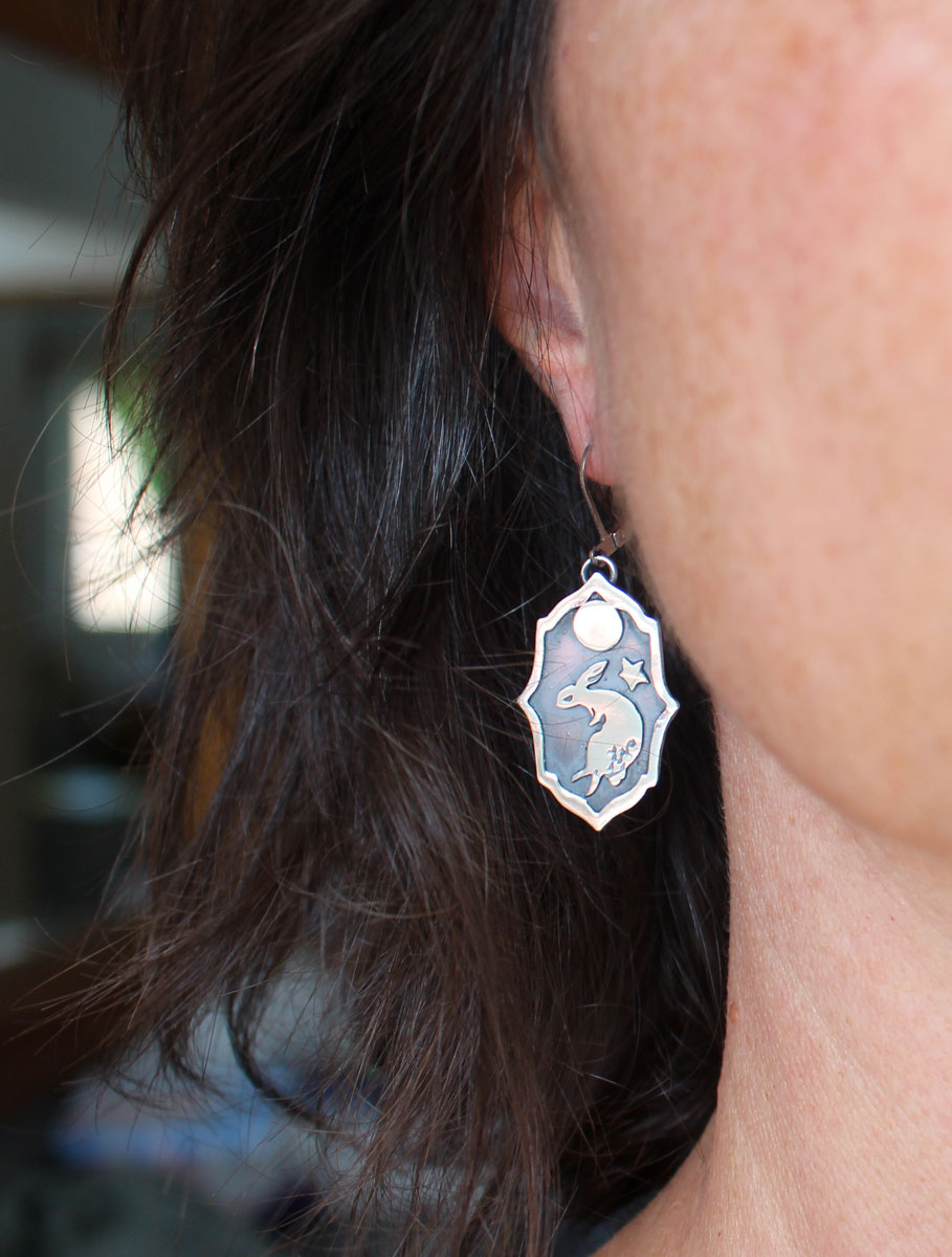 Lunar rabbit, dancing in the moonlit night earrings in silver
