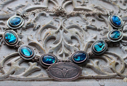 Lysandra, Maori butterfly necklace in silver and paua