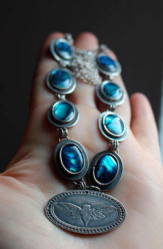 Lysandra, Maori butterfly necklace in silver and paua