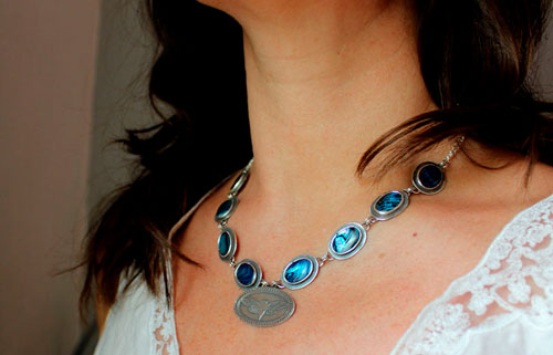 Lysandra, Maori butterfly necklace in silver and paua