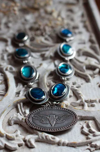 Lysandra, Māori butterfly necklace in silver and paua