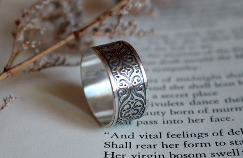 Leaf arabesques, scroll baroque ring in sterling silver