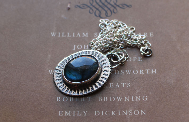 Leaves in winter time, landscape necklace in silver and labradorite