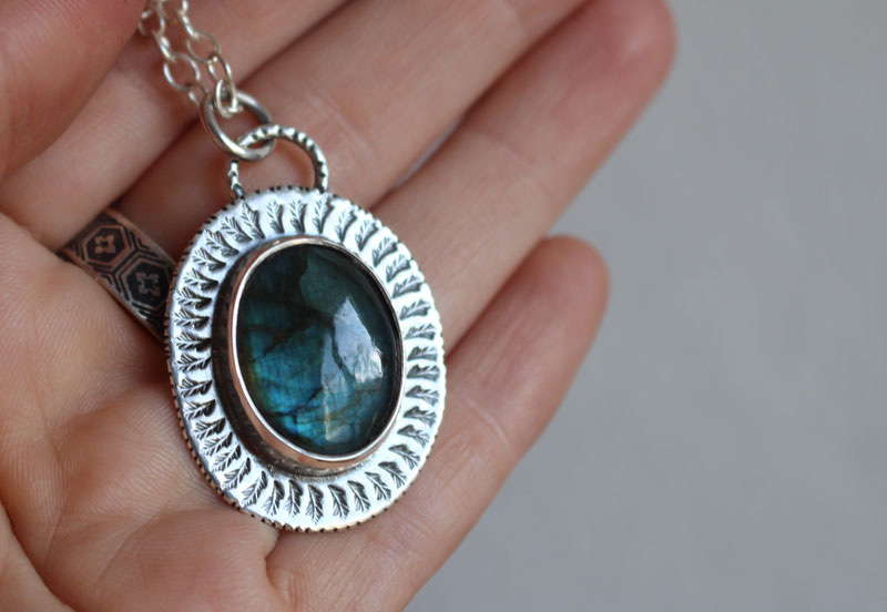 Leaves in winter time, landscape necklace in silver and labradorite