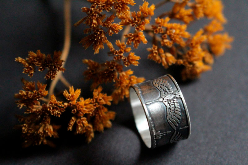 Legend of the one thousand cranes, Japanese bird ring in sterling silver