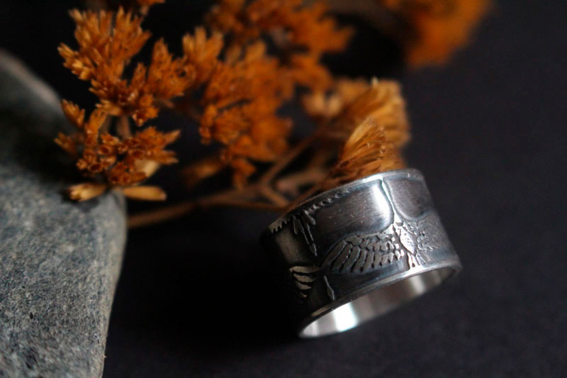 Legend of the one thousand cranes, Japanese bird ring in sterling silver