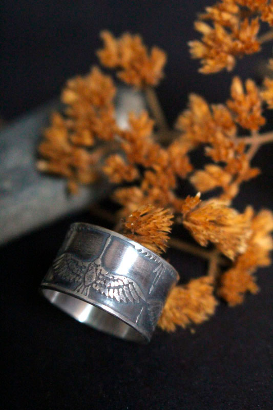 Legend of the one thousand cranes, Japanese bird ring in sterling silver