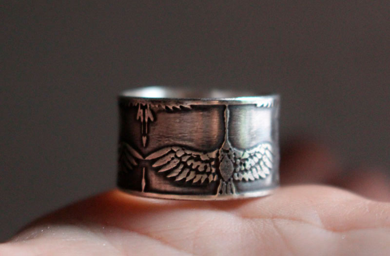 Legend of the one thousand cranes, Japanese bird ring in sterling silver