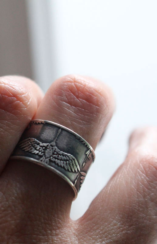 Legend of the one thousand cranes, Japanese bird ring in sterling silver