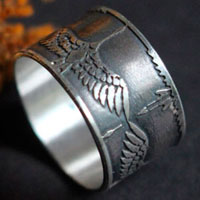 Legend of the one thousand cranes, Japanese bird ring in sterling silver
