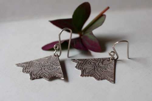 Life flowers, triangle lotus mandala earrings in sterling silver
