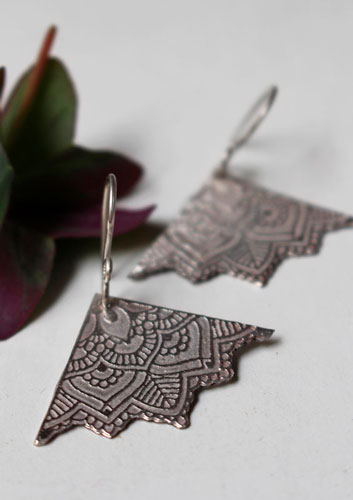 Life flowers, triangle lotus mandala earrings in sterling silver