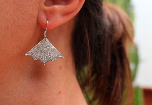 Life flowers, triangle lotus mandala earrings in sterling silver