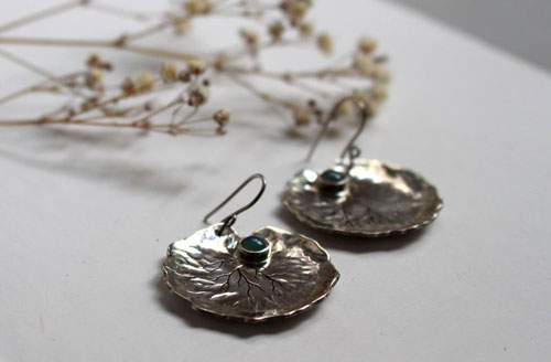 Lily pad leaf, botanical earrings in sterling silver and chalcedony