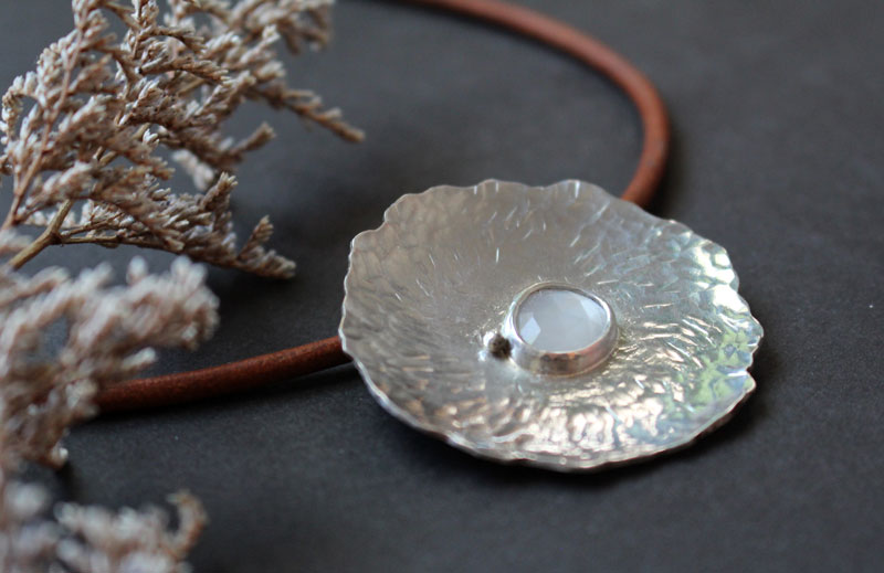 Lily pad under the moon, lotus leaf necklace in silver and moonstone