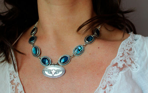 Lysandra, moth necklace in sterling silver and paua 