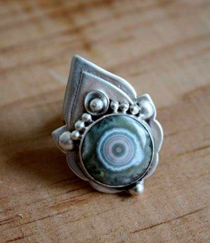 Mahila, Indian third eye ring in silver and ocean jasper
