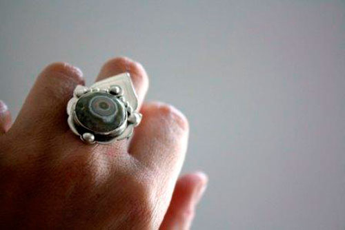 Mahila, Indian third eye ring in silver and ocean jasper