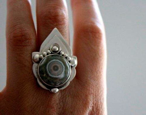 Mahila, Indian third eye ring in silver and ocean jasper