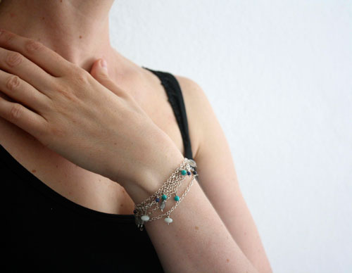 Majorelle, blue garden necklace, anklet and bracelet in silver turquoise, amazonite, labradorite, lapis lazuli and jade