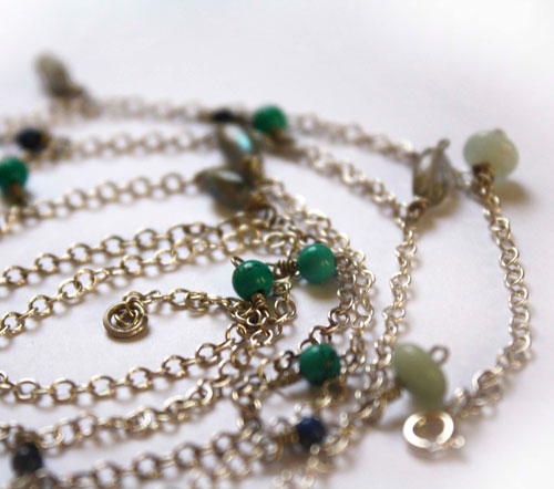 Majorelle, blue garden necklace, anklet and bracelet in silver turquoise, amazonite, labradorite, lapis lazuli and jade