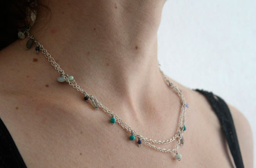Majorelle, blue garden necklace, anklet and bracelet in silver turquoise, amazonite, labradorite, lapis lazuli and jade