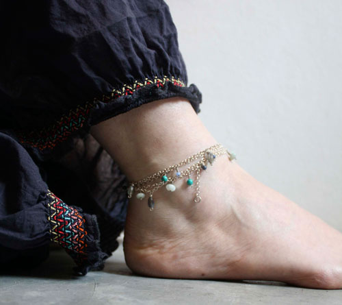Majorelle, blue garden necklace, anklet and bracelet in silver turquoise, amazonite, labradorite, lapis lazuli and jade