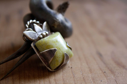 Manjano, square fruit pendant in silver and lemon jade