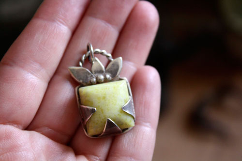 Manjano, square fruit pendant in silver and lemon jade