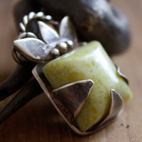 Manjano, square fruit pendant in silver and lemon jade