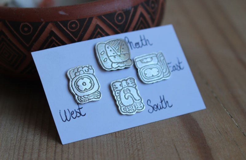 Mayan cardinal points, mexican glyph earrings (north-south-east–west) in silver