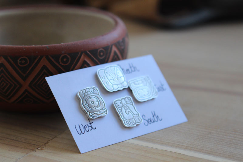 Mayan cardinal points, mexican glyph earrings (north-south-east–west) in silver