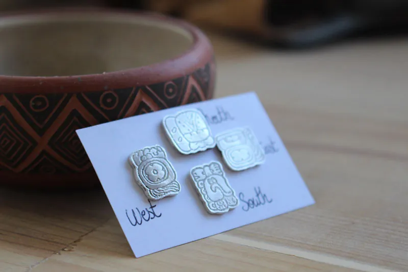 Mayan cardinal points, mexican glyph earrings (north-south-east–west) in silver