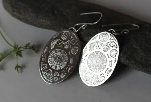 Mechanical needles, steampunk gear earrings in sterling silver