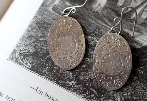 Mechanical needles, steampunk gear earrings in sterling silver