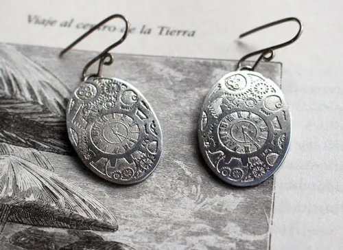 Mechanical needles, steampunk gear earrings in sterling silver