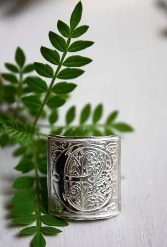 Medieval initial, Middle Ages style illuminated letter ring in silver
