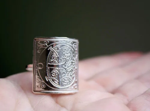 Medieval initial, Middle Ages style illuminated letter ring in silver