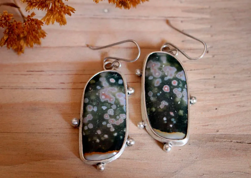 Melody of the universe, celestial vault earrings in silver and ocean jasper