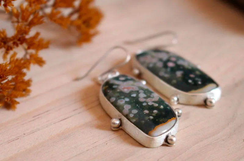 Melody of the universe, celestial vault earrings in silver and ocean jasper