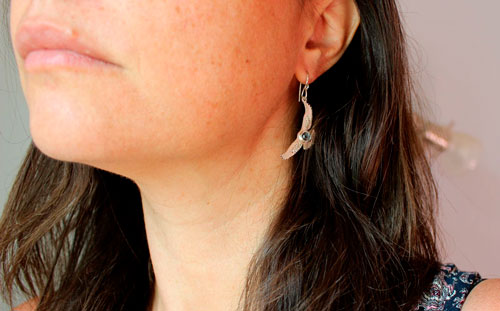 Messages of the dawn, eagle earrings in silver and blue zircon