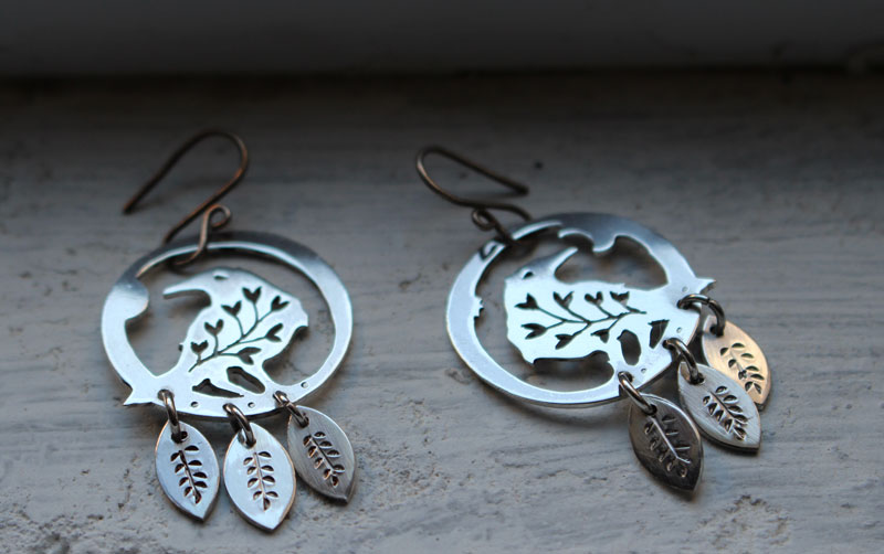 Messenger of the soul, plant raven earrings in sterling silver