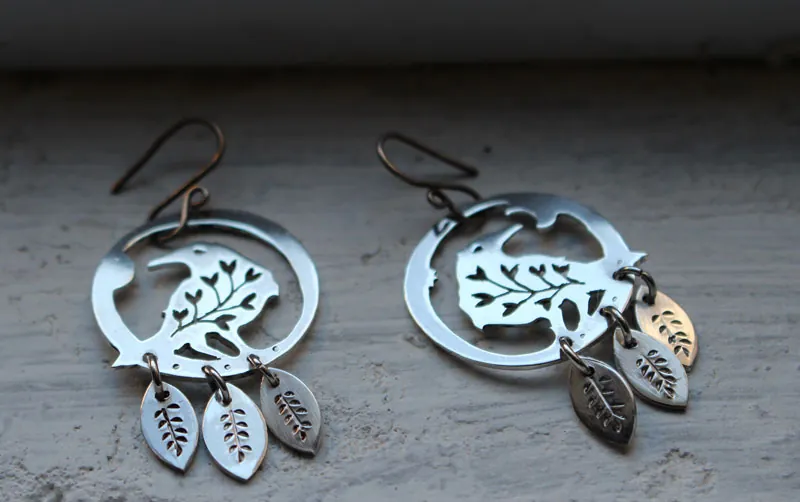 Messenger of the soul, plant raven earrings in sterling silver
