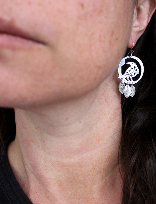 Messenger of the soul, plant raven earrings in sterling silver
