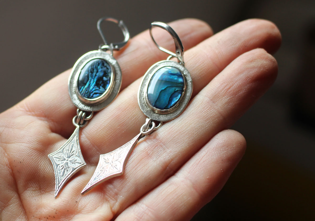 Milky Way, star earrings in silver and paua