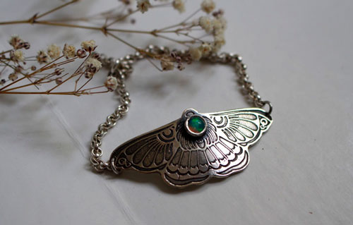 Moon moth, night beauty bracelet in silver and opal